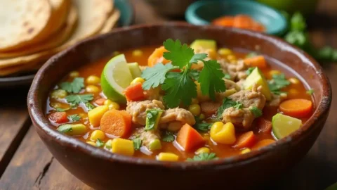 A bowl of caldo de pollo with chicken, vegetables, and fresh garnishes on a rustic table.