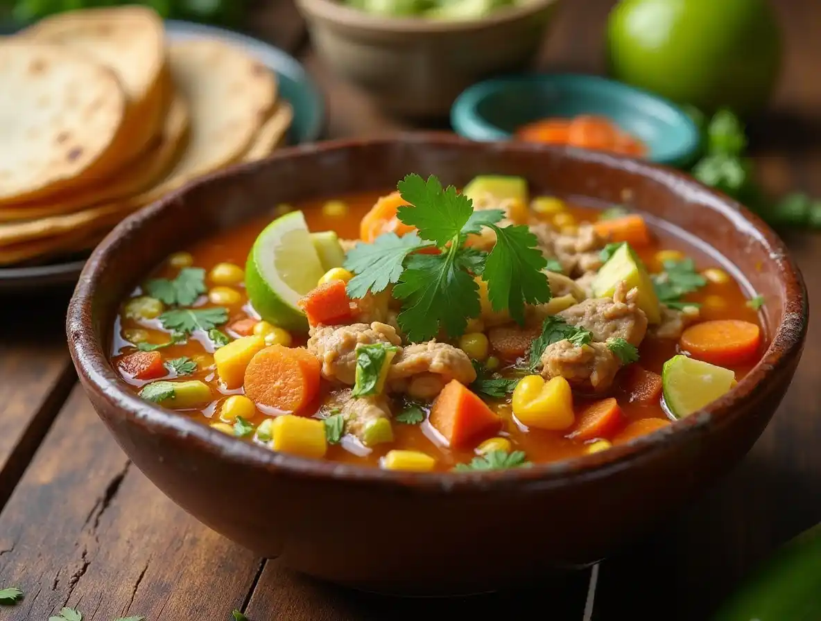 A bowl of caldo de pollo with chicken, vegetables, and fresh garnishes on a rustic table.