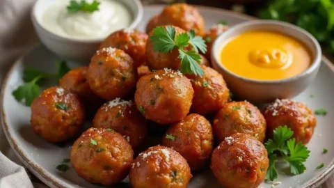 Golden-brown sausage balls without Bisquick served on a rustic plate with dipping sauces and garnished with fresh parsley.