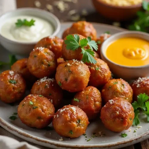 Golden-brown sausage balls without Bisquick served on a rustic plate with dipping sauces and garnished with fresh parsley.