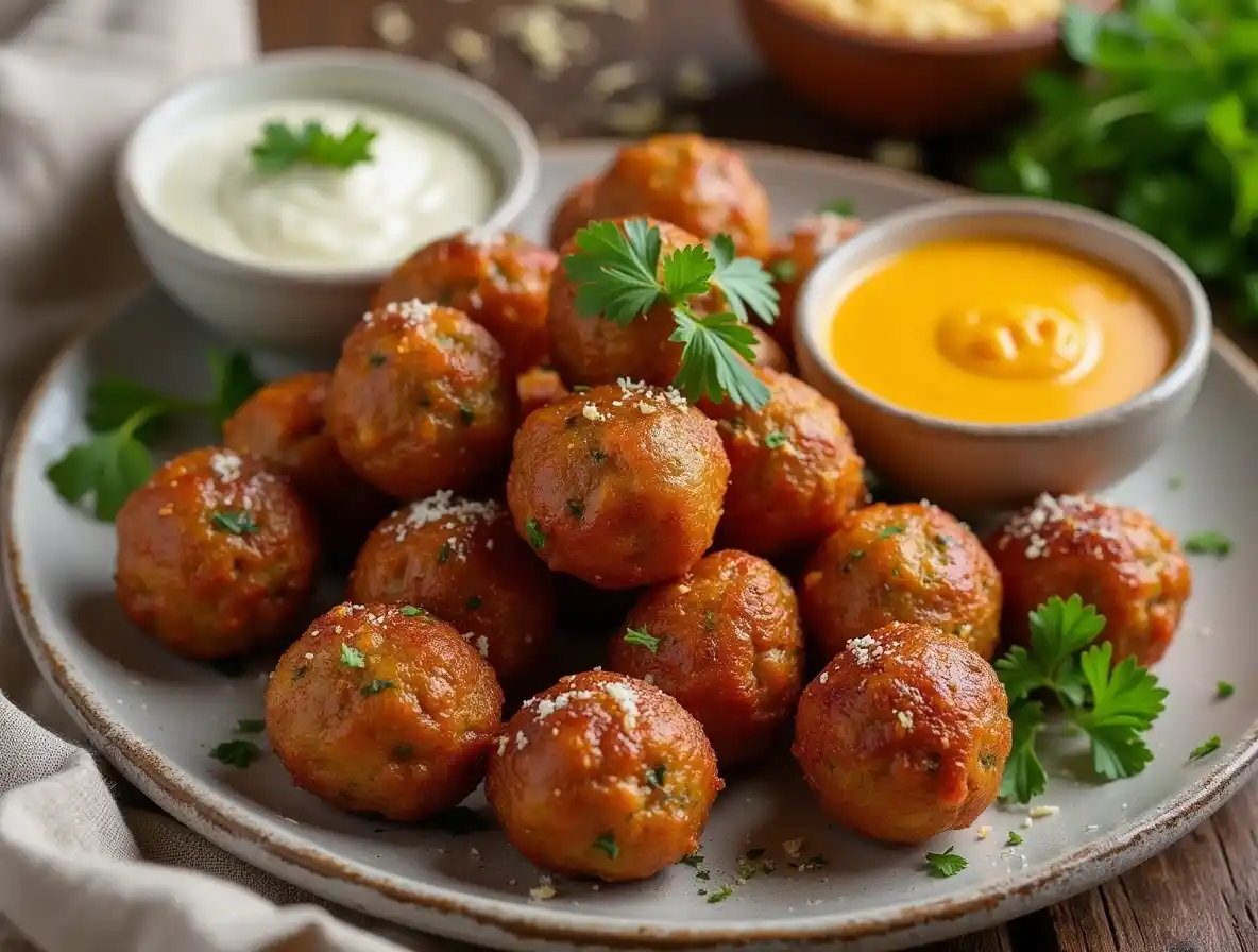 Golden-brown sausage balls without Bisquick served on a rustic plate with dipping sauces and garnished with fresh parsley.