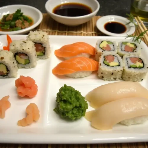 A beautifully arranged platter of sushi rolls, including California rolls, nigiri, and sashimi, garnished with pickled ginger, wasabi, and soy sauce, set on a bamboo mat with chopsticks and green tea.