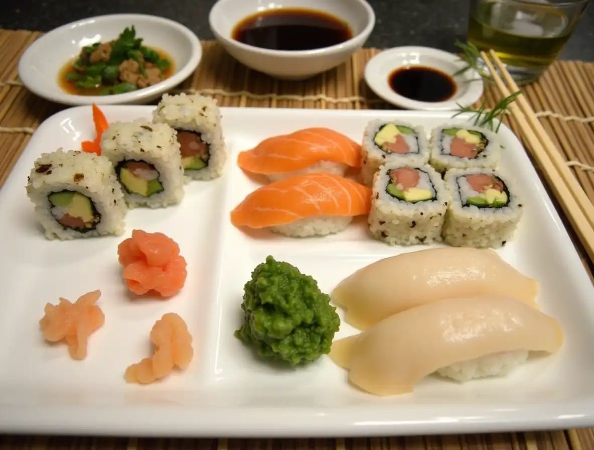 A beautifully arranged platter of sushi rolls, including California rolls, nigiri, and sashimi, garnished with pickled ginger, wasabi, and soy sauce, set on a bamboo mat with chopsticks and green tea.