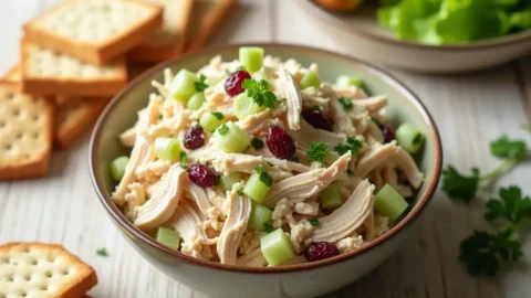 A bowl of freshly prepared premade chicken salad with shredded chicken, creamy dressing, celery, cranberries, and parsley, surrounded by croissants, crackers, and lettuce wraps on a wooden table.