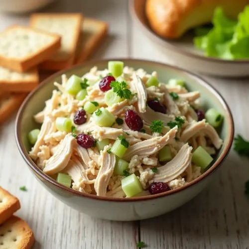 A bowl of freshly prepared premade chicken salad with shredded chicken, creamy dressing, celery, cranberries, and parsley, surrounded by croissants, crackers, and lettuce wraps on a wooden table.