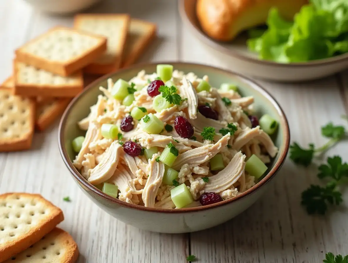 A bowl of freshly prepared premade chicken salad with shredded chicken, creamy dressing, celery, cranberries, and parsley, surrounded by croissants, crackers, and lettuce wraps on a wooden table.