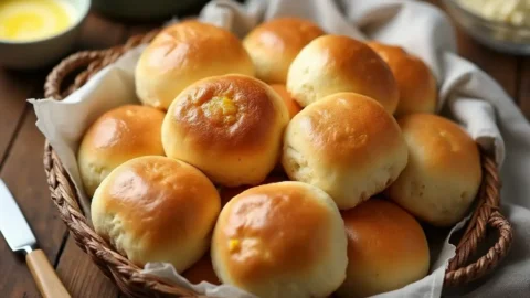 Golden, fluffy no-yeast dinner rolls in a basket lined with a white napkin on a wooden table, perfect for an Easy Dinner Roll Recipe.