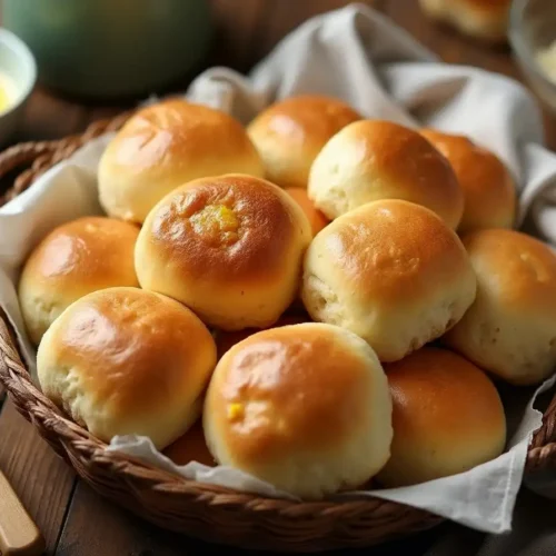 Golden, fluffy no-yeast dinner rolls in a basket lined with a white napkin on a wooden table, perfect for an Easy Dinner Roll Recipe.