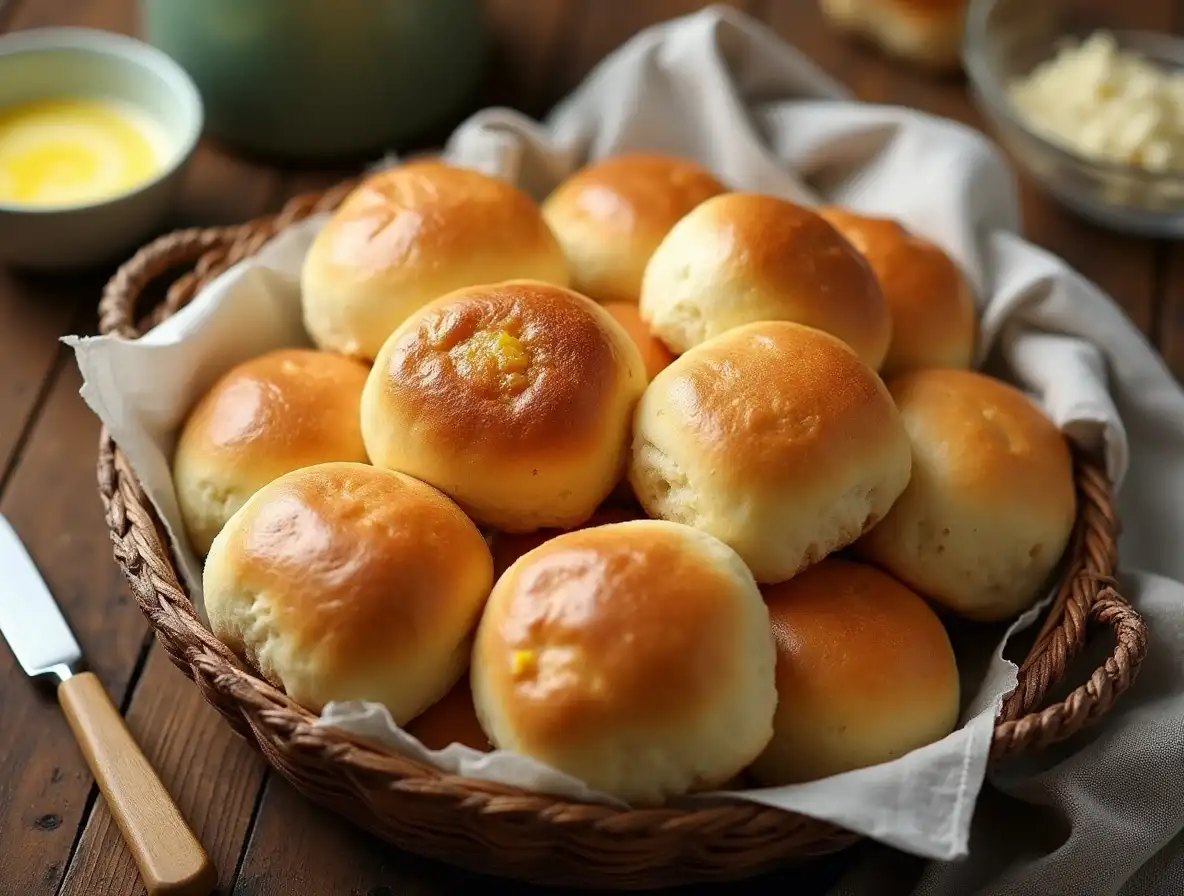 Golden, fluffy no-yeast dinner rolls in a basket lined with a white napkin on a wooden table, perfect for an Easy Dinner Roll Recipe.