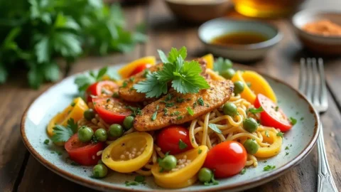 Easy gluten-free meal with colorful vegetables, lean protein, and gluten-free pasta garnished with fresh herbs on a rustic wooden table.