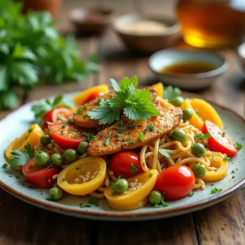 Easy gluten-free meal with colorful vegetables, lean protein, and gluten-free pasta garnished with fresh herbs on a rustic wooden table.