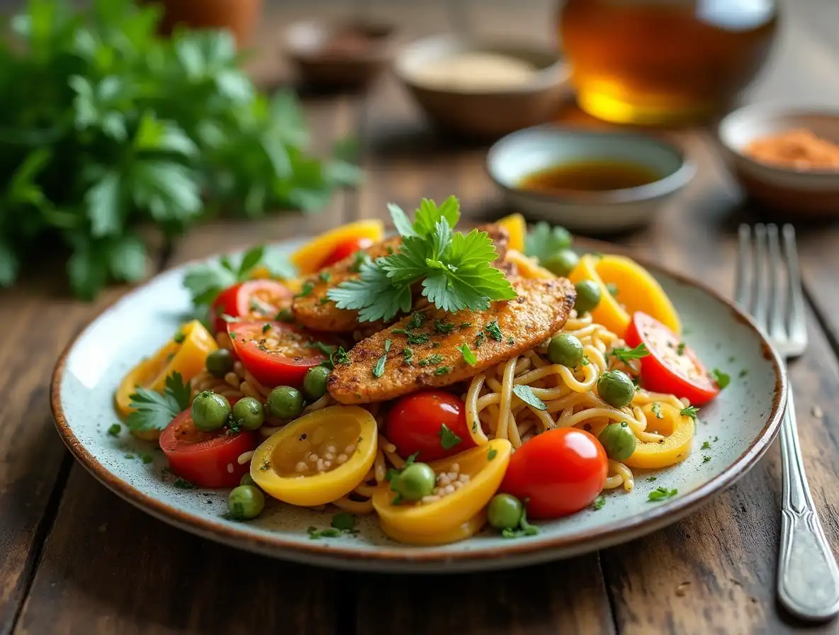 Easy gluten-free meal with colorful vegetables, lean protein, and gluten-free pasta garnished with fresh herbs on a rustic wooden table.