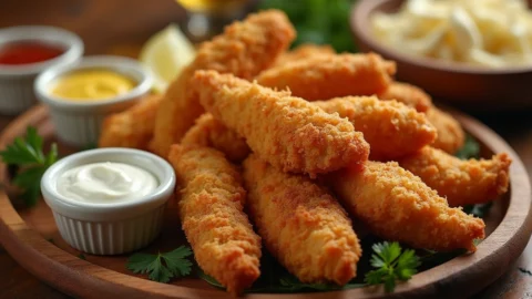 Crispy golden Braum's chicken tenders on a wooden platter with dipping sauces and garnishes.