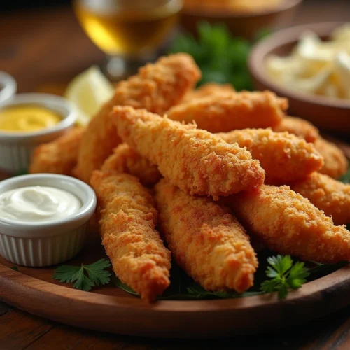 Crispy golden Braum's chicken tenders on a wooden platter with dipping sauces and garnishes.