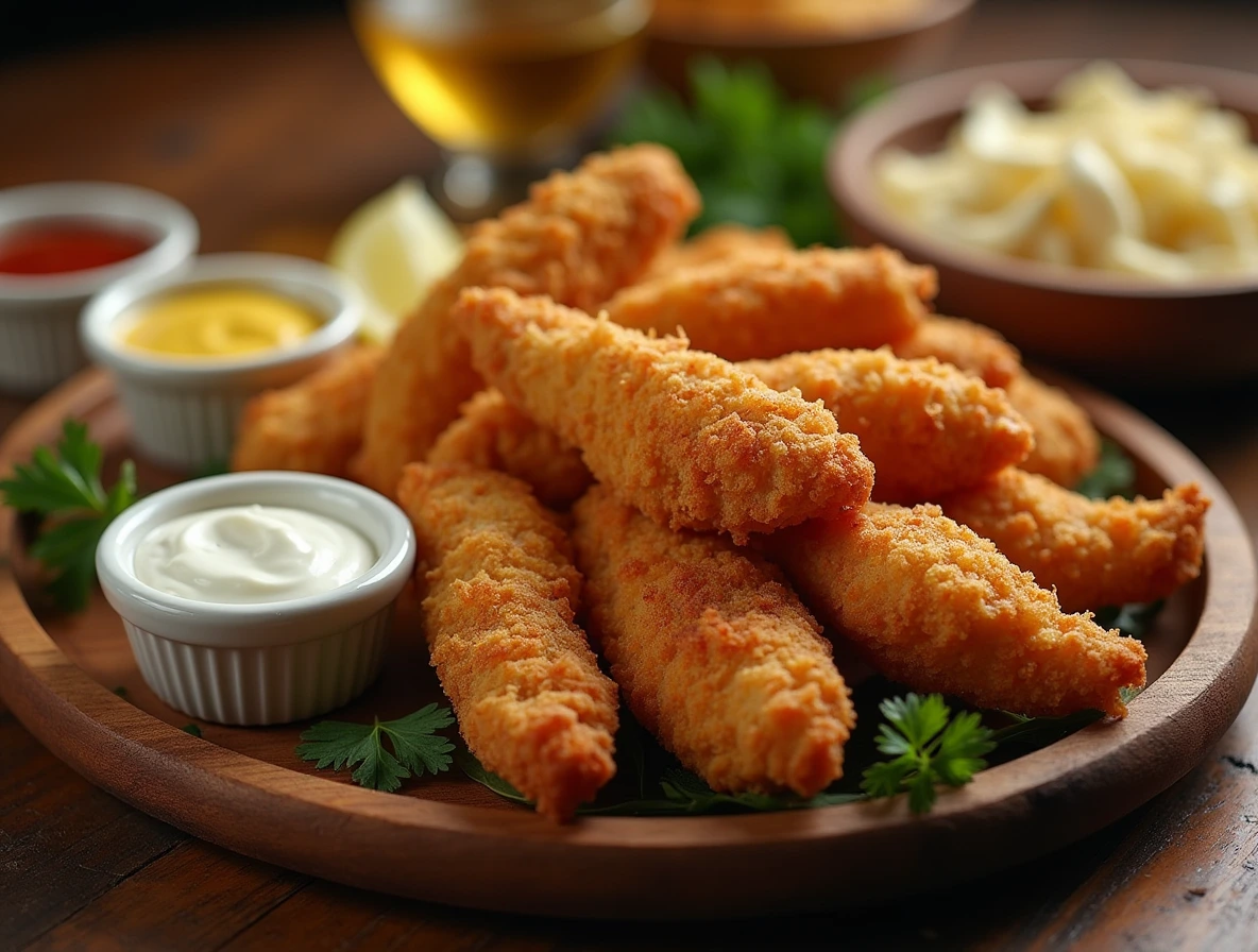 Crispy golden Braum's chicken tenders on a wooden platter with dipping sauces and garnishes.