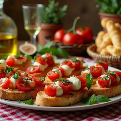 A beautifully arranged Italian dinner table featuring appetizers for lasagna dinner, including bruschetta, Caprese skewers, garlic breadsticks, and prosciutto-wrapped figs.