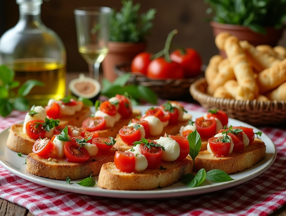 A beautifully arranged Italian dinner table featuring appetizers for lasagna dinner, including bruschetta, Caprese skewers, garlic breadsticks, and prosciutto-wrapped figs.