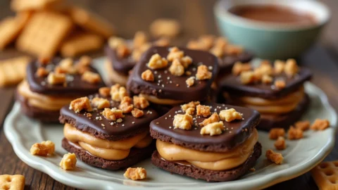 close-up of Cheez It Peanut Butter And Chocolate treats topped with crushed nuts and caramel drizzle on a wooden table.