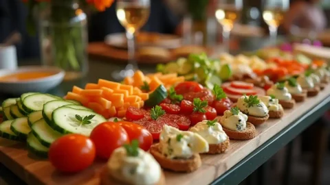 A beautifully arranged platter of finger foods featuring fresh vegetables, gourmet cheeses, and garnished bites on a wooden board at a modern gathering.