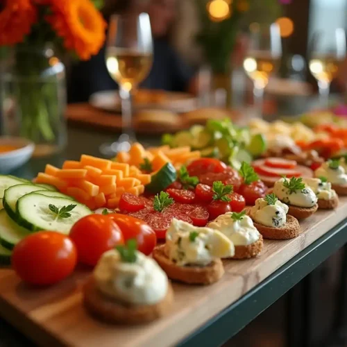 A beautifully arranged platter of finger foods featuring fresh vegetables, gourmet cheeses, and garnished bites on a wooden board at a modern gathering.