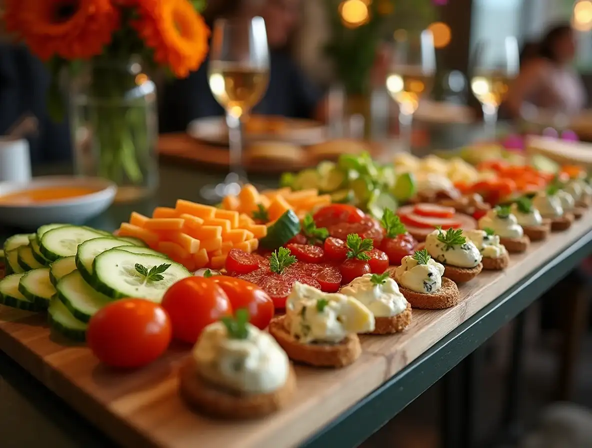 A beautifully arranged platter of finger foods featuring fresh vegetables, gourmet cheeses, and garnished bites on a wooden board at a modern gathering.