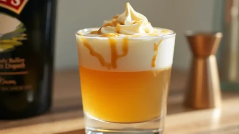 A clear shot glass featuring a layered Buttery Nipple Recipe drink with whipped cream and caramel drizzle.