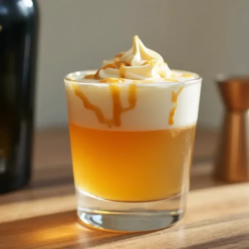 A clear shot glass featuring a layered Buttery Nipple Recipe drink with whipped cream and caramel drizzle.