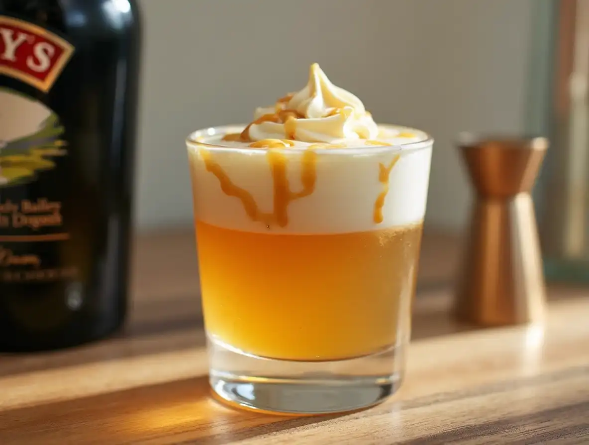 A clear shot glass featuring a layered Buttery Nipple Recipe drink with whipped cream and caramel drizzle.