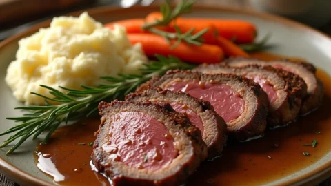 Venison roast with rosemary, roasted carrots, and mashed potatoes on a plate.