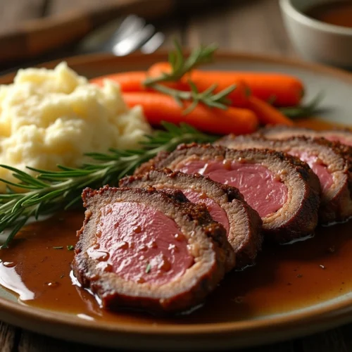 Venison roast with rosemary, roasted carrots, and mashed potatoes on a plate.