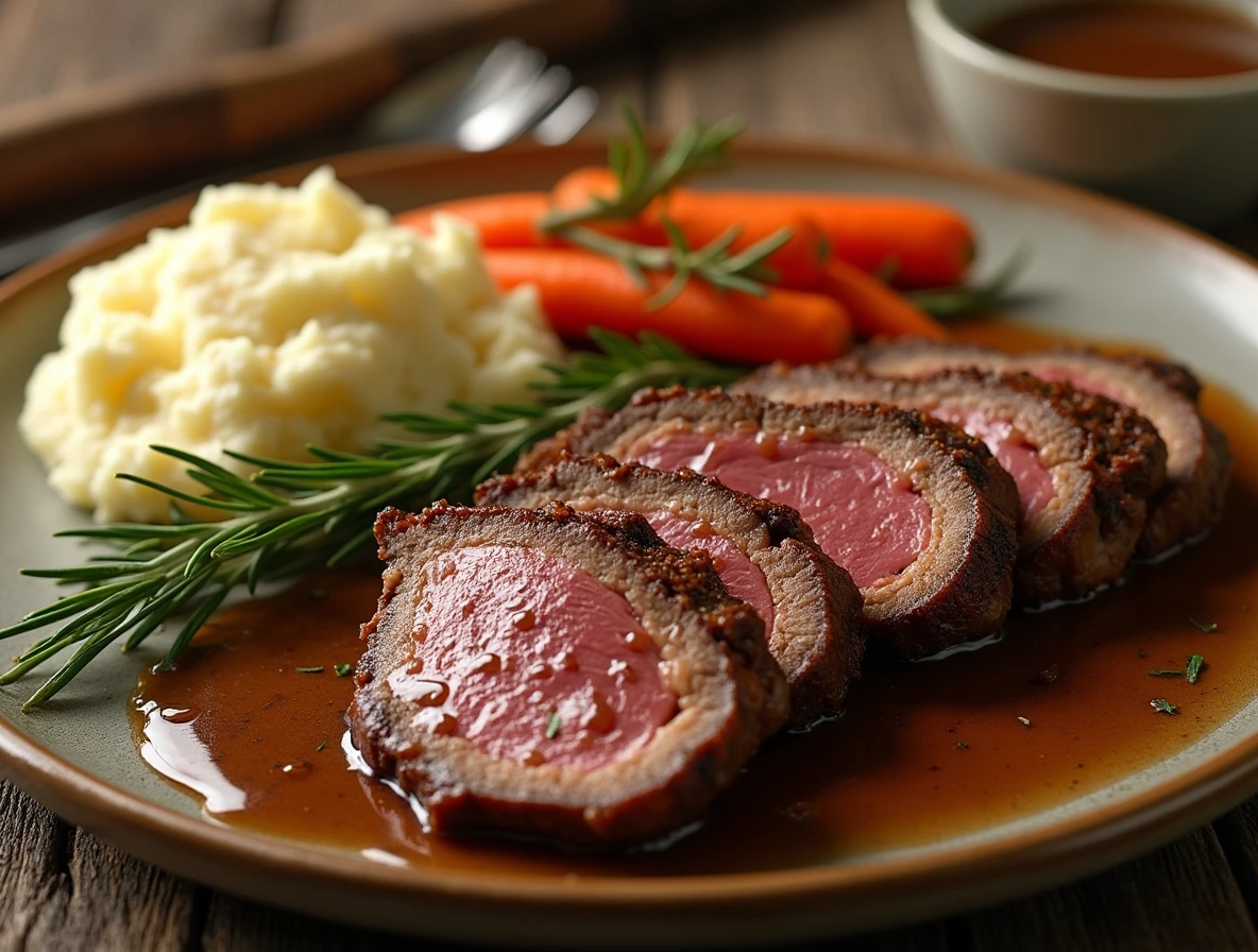 Venison roast with rosemary, roasted carrots, and mashed potatoes on a plate.