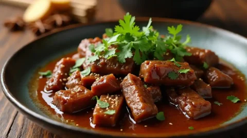 A bowl of braised beef tendon with rich sauce, garnished with cilantro and sesame seeds, served with rice on a rustic wooden table