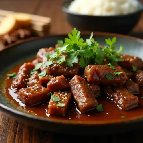 A bowl of braised beef tendon with rich sauce, garnished with cilantro and sesame seeds, served with rice on a rustic wooden table