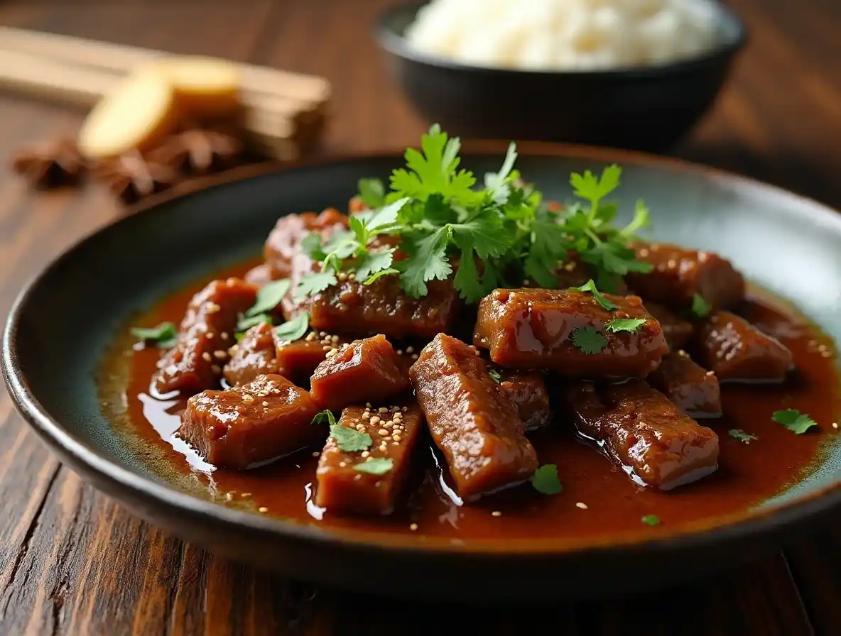 A bowl of braised beef tendon with rich sauce, garnished with cilantro and sesame seeds, served with rice on a rustic wooden table