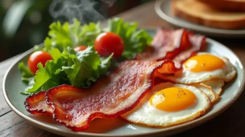 Crispy beef bacon served with eggs, toast, and a fresh salad on a rustic wooden table.