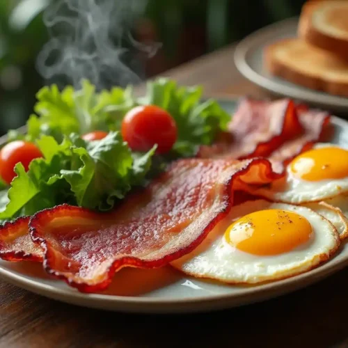 Crispy beef bacon served with eggs, toast, and a fresh salad on a rustic wooden table.