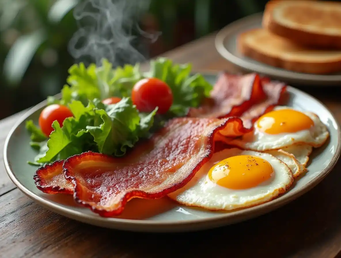 Crispy beef bacon served with eggs, toast, and a fresh salad on a rustic wooden table.