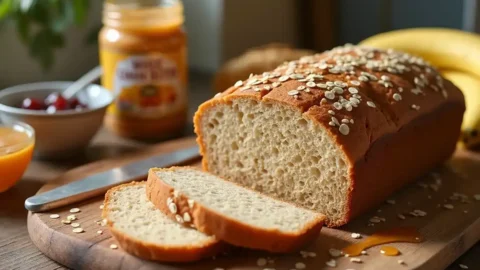 A loaf of freshly baked whole grain bread with peanut butter and jelly, sliced and displayed on a wooden board, surrounded by toppings in a cozy kitchen