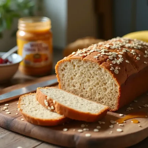 A loaf of freshly baked whole grain bread with peanut butter and jelly, sliced and displayed on a wooden board, surrounded by toppings in a cozy kitchen