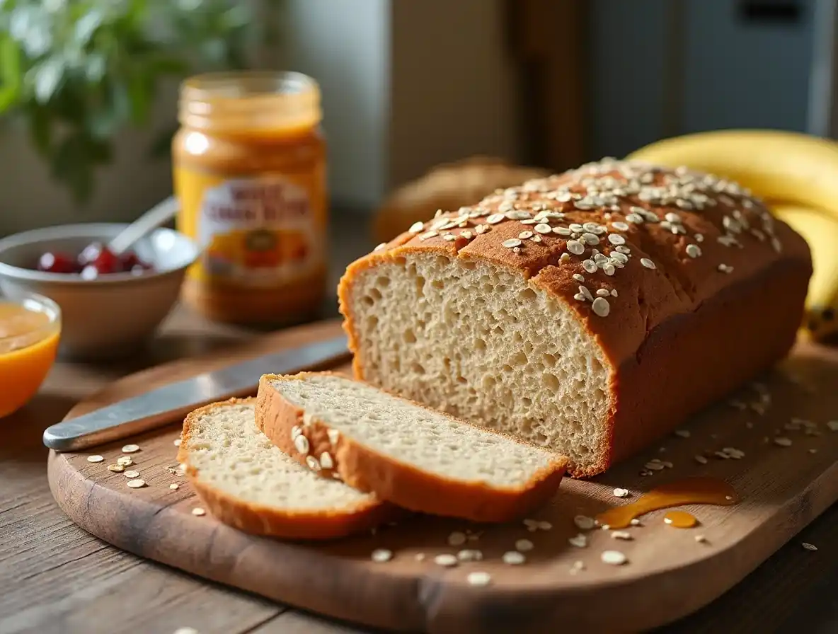 A loaf of freshly baked whole grain bread with peanut butter and jelly, sliced and displayed on a wooden board, surrounded by toppings in a cozy kitchen