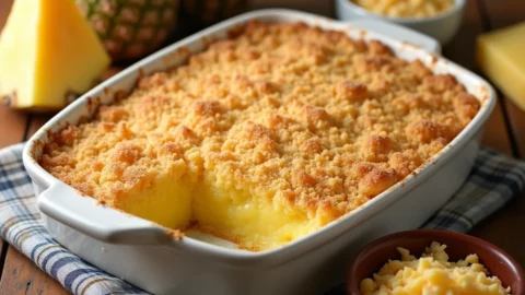 A golden pineapple casserole topped with a crisp buttery cracker crust, served in a white dish on a wooden table with fresh pineapples and cheese.