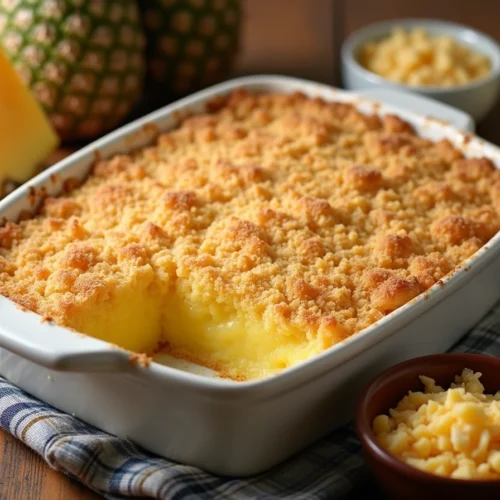 A golden pineapple casserole topped with a crisp buttery cracker crust, served in a white dish on a wooden table with fresh pineapples and cheese.