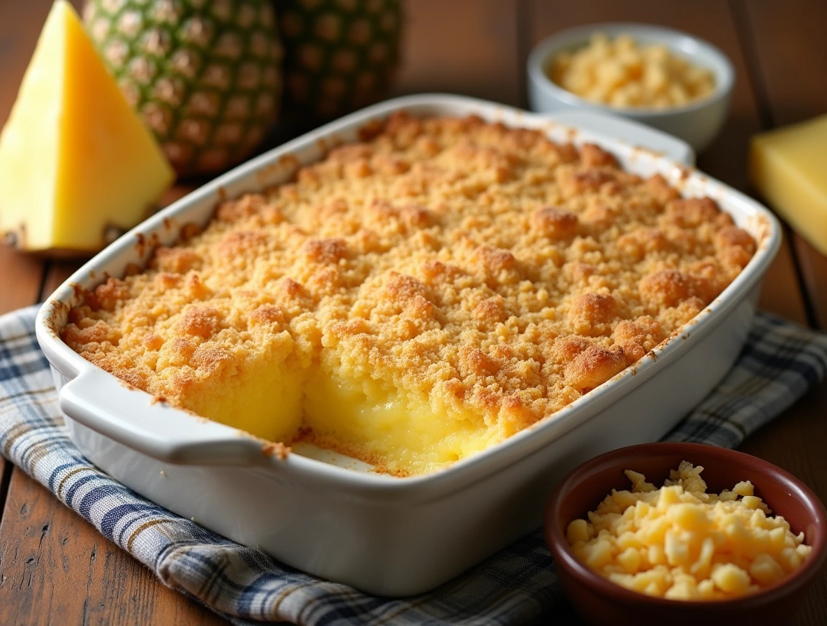 A golden pineapple casserole topped with a crisp buttery cracker crust, served in a white dish on a wooden table with fresh pineapples and cheese.