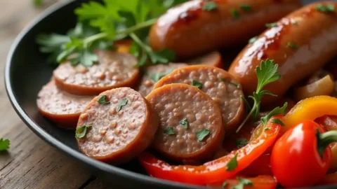 A plate of sliced beef sausage with sautéed bell peppers and onions, garnished with parsley.