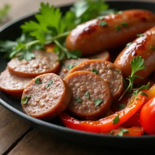 A plate of sliced beef sausage with sautéed bell peppers and onions, garnished with parsley.