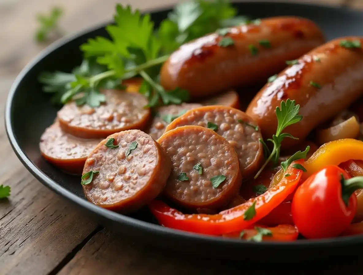 A plate of sliced beef sausage with sautéed bell peppers and onions, garnished with parsley.