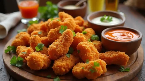 A wooden platter filled with crispy cauliflower spicy chicken tenders, garnished with fresh parsley, served alongside dipping sauces like buffalo and ranch.