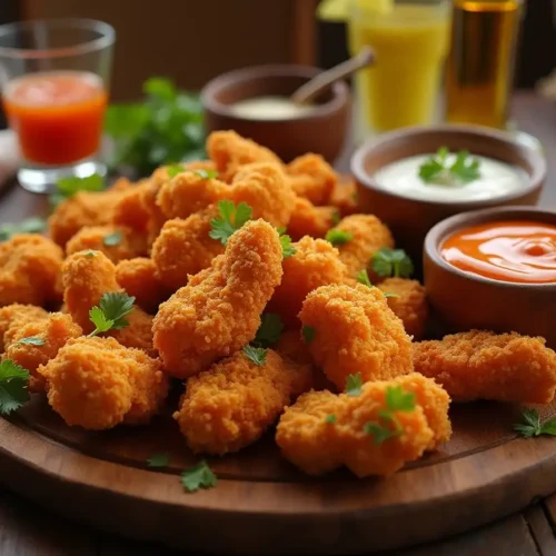 A wooden platter filled with crispy cauliflower spicy chicken tenders, garnished with fresh parsley, served alongside dipping sauces like buffalo and ranch.