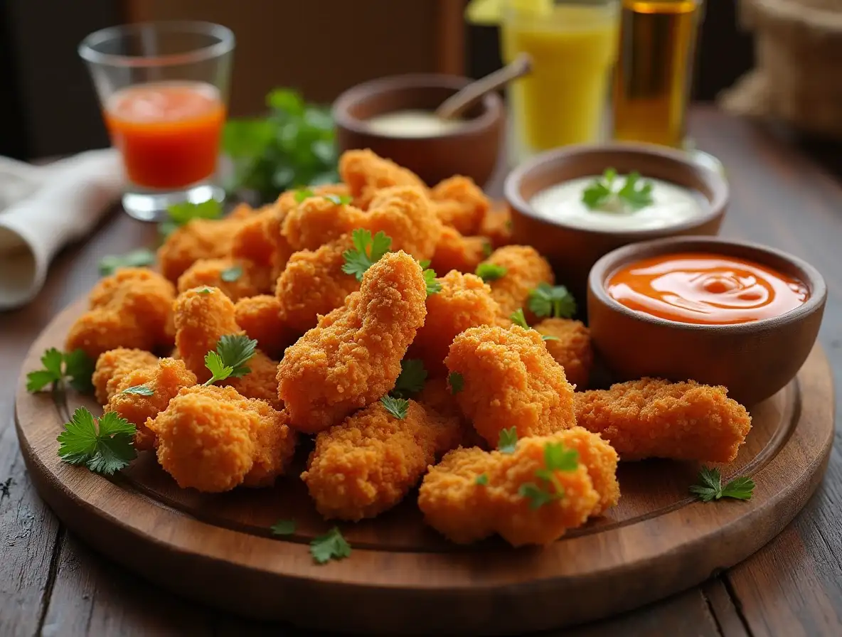 A wooden platter filled with crispy cauliflower spicy chicken tenders, garnished with fresh parsley, served alongside dipping sauces like buffalo and ranch.