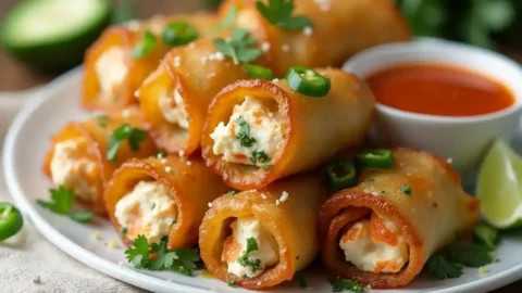 Crispy egg roll wrappers stuffed with goat cheese and jalapenos served with sweet chili dipping sauce.